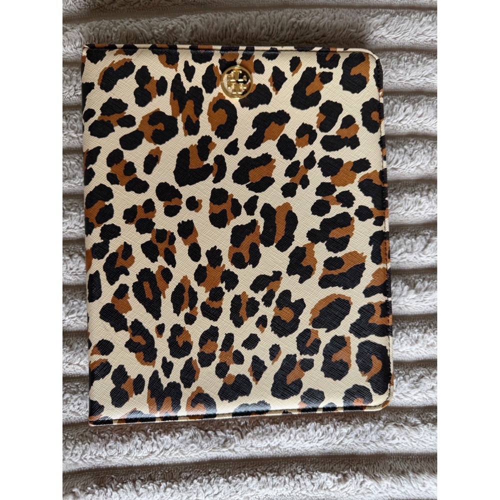 Tory Burch Leopard Print iPad Case Saffiano Leather Tech Accessory Tan Brown